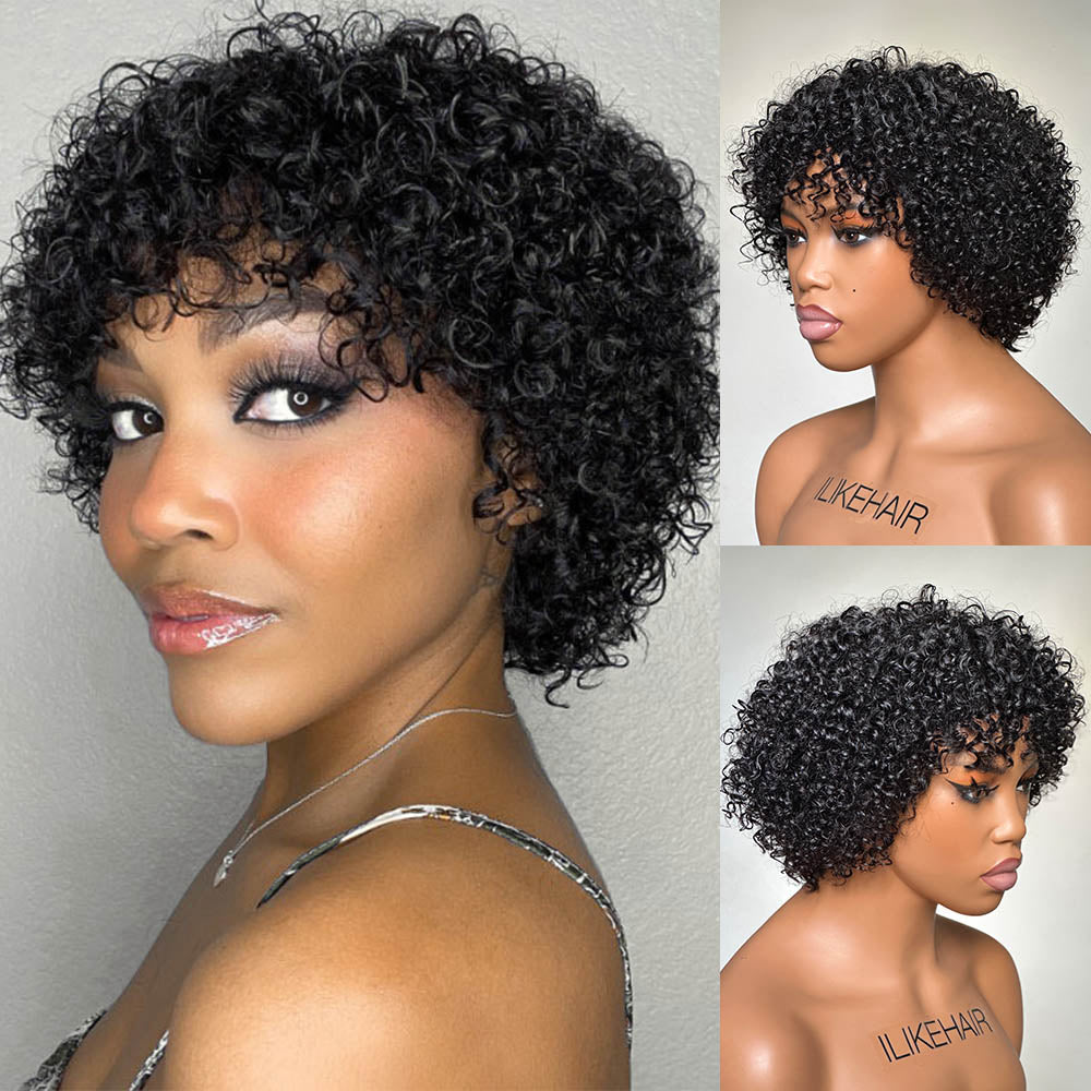 Beginner Friendly Short Curly Pixie Cut Glueless Wig With Bangs