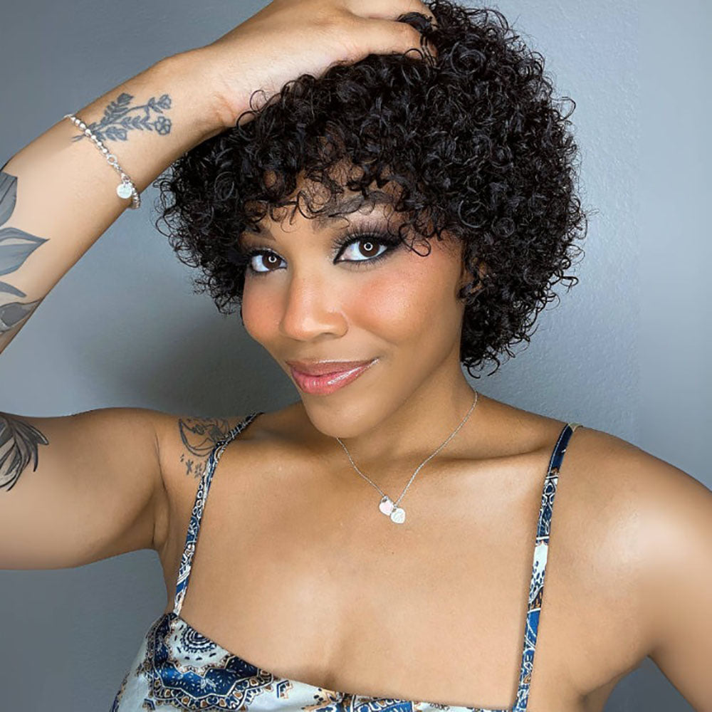 Beginner Friendly Short Curly Pixie Cut Glueless Wig With Bangs