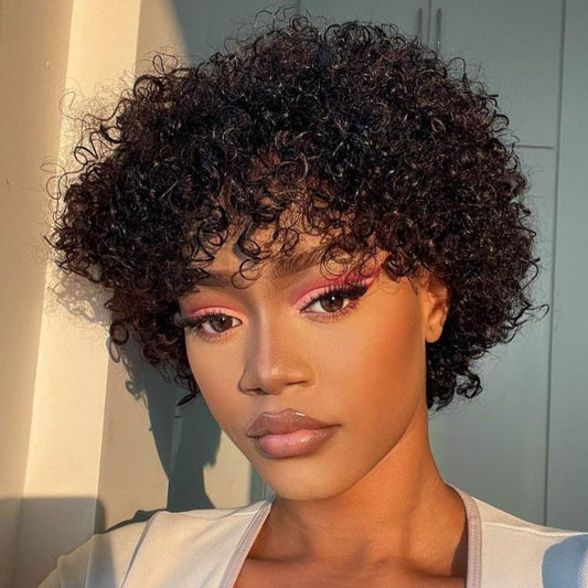 Beginner Friendly Short Curly Pixie Cut Glueless Wig With Bangs